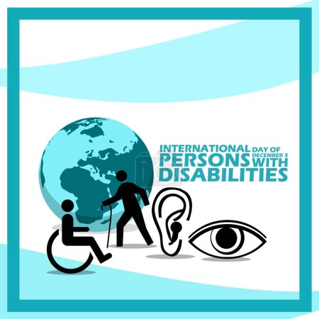 Illustration for Disability icons such as people in wheelchairs, deaf, blind, people with walking sticks and the earth, with bold text to commemorate International Day of Persons with Disabilities on December 3 - Royalty Free Image