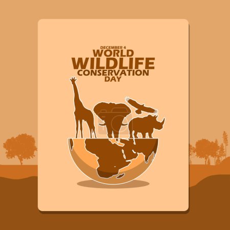 Ilustración de Animales como elefante, jirafa, rinoceronte y pájaro en la tierra con texto en negrita a bordo sobre fondo marrón claro para conmemorar el Día Mundial de la Conservación de la Vida Silvestre el 4 de diciembre - Imagen libre de derechos