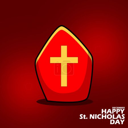 Photo for Happy Saint Nicholas Day banner with St Nicholas red hat and symbol of a cross, with bold text to celebrating on December - Royalty Free Image