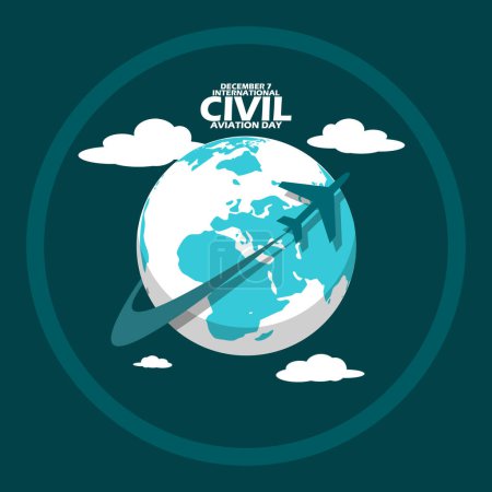 Photo for International Civil Aviation Day banner, icon of an airplane circling the earth with clouds and bold text in circle frame on dark turquoise background to commemorate on December 7th - Royalty Free Image