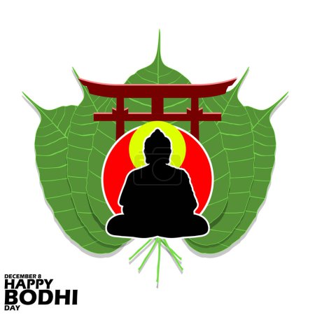 Photo for Bodhi Day banner, silhouette of a Buddha meditating with Torii gate and Bodhi leaves behind him to commemorate on December 8th in Japan. - Royalty Free Image
