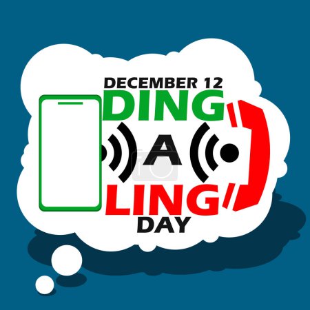 Téléchargez les illustrations : Icône de téléphone intelligent avec récepteurs téléphoniques communiquant entre eux, avec texte gras dans le nuage sur fond turquoise foncé pour célébrer la Journée nationale Ding-A-Ling le 12 décembre - en licence libre de droit