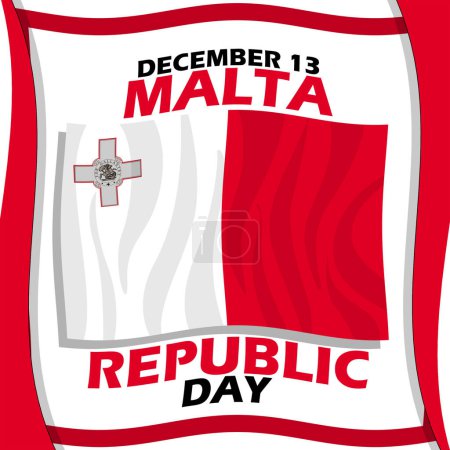 Téléchargez les illustrations : Bannière Jour de la République de Malte. Drapeau maltais et texte gras ondulé sur fond blanc pour commémorer le 13 décembre - en licence libre de droit