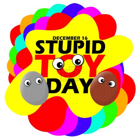 Téléchargez les illustrations : Texte gras et pierres de compagnie avec les yeux googly sur fond abstrait coloré pour célébrer la Journée Stupide Jouet le 16 Décembre - en licence libre de droit