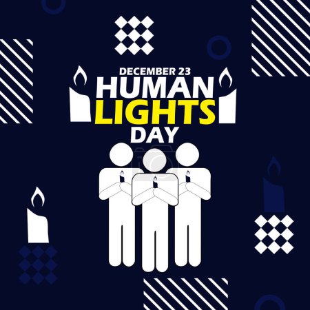 Illustration for HumanLight Day event banner. icon of people carrying candles with bold text and elements on dark blue background to commemorate on December 23 - Royalty Free Image
