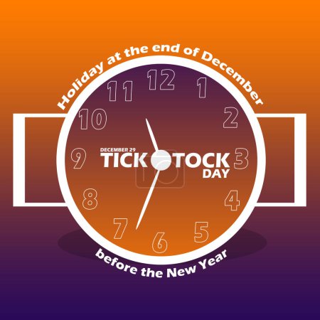 Téléchargez les illustrations : Tick Tock Day événement bannière. Horloge montrant les heures restantes qui se termineront la veille du Nouvel An, avec un texte en gras sur fond de dégradé pour célébrer le 29 décembre - en licence libre de droit