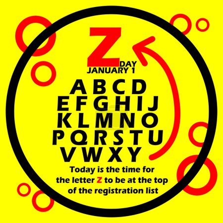Téléchargez les illustrations : Bannière d'événement Z Day. Lettres alphabétiques avec la direction de la flèche dans le cadre du cercle sur fond jaune pour célébrer le 1er Janvier - en licence libre de droit