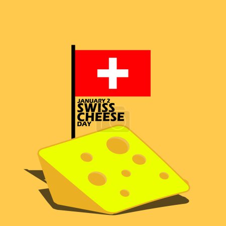 Téléchargez les illustrations : Fête du fromage suisse bannière de l'événement. Une tranche de fromage suisse avec ses trous caractéristiques sur la table avec un drapeau suisse et un texte audacieux à célébrer le 2 janvier - en licence libre de droit