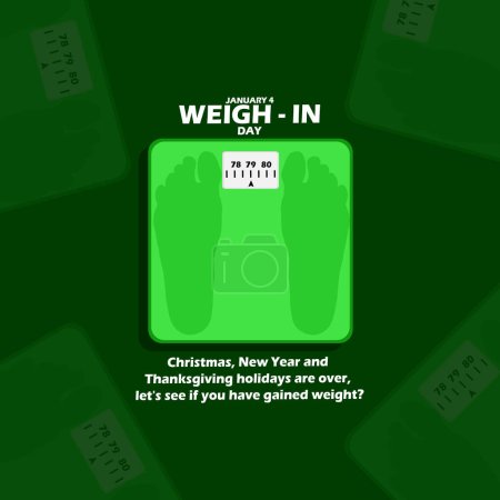 Illustration for Weigh-In Day event banner. A body scale with bold text and sentences on dark green background to celebrate on January 4 - Royalty Free Image