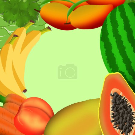 Illustration for A frame formed from collection of various types of fruit and vegetables on a light green background - Royalty Free Image