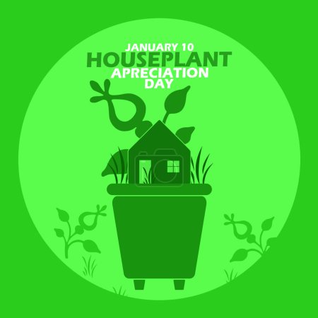 Illustration for Houseplant Appreciation Day event banner. A house with green plants and grass above a potted plant with bold text on green background to commemorate on January 10 - Royalty Free Image