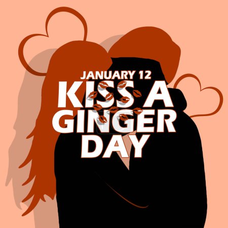 Photo for Kiss A Ginger Day event banner. Bold text with illustration of kissing couple with red ginger hair on light brown background to celebrate on January 12th - Royalty Free Image