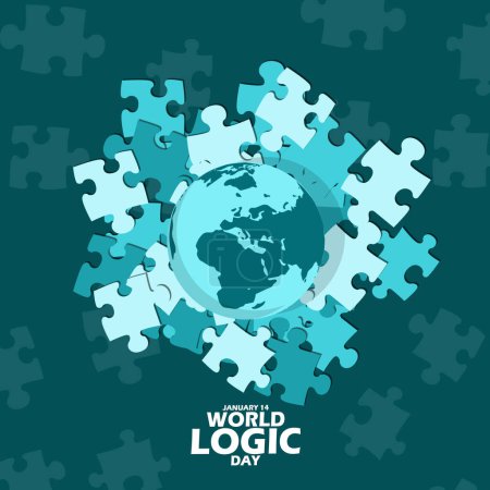 Veranstaltungsbanner zum Welttag der Logik. Eine Erde mit Puzzleteilen darunter, mit fettem Text auf dunkeltürkisfarbenem Hintergrund zum Gedenken an den 14. Januar