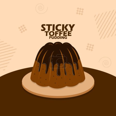 International Sticky Toffee Pudding Day event banner. Ein Schokoladenpudding mit geschmolzener Schokolade und fettem Schriftzug auf hölzernem Teller auf hellbraunem Hintergrund zur Feier am 23. Januar