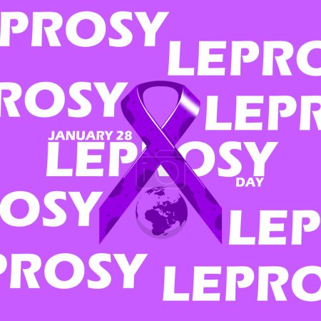 Ilustración de Banner del Día Mundial de la Lepra. Una cinta púrpura con una ilustración de lepra, con tierra y texto en negrita sobre fondo púrpura claro para conmemorar el 28 de enero - Imagen libre de derechos