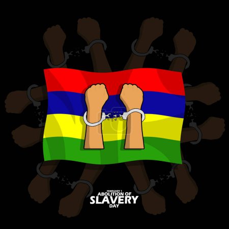 Ilustración de Banner del evento del Día de la Esclavitud. Ilustración de un par de manos con esposas rotas en la bandera de Mauricio, con texto en negrita sobre fondo negro para conmemorar el 1 de febrero en Mauricio - Imagen libre de derechos