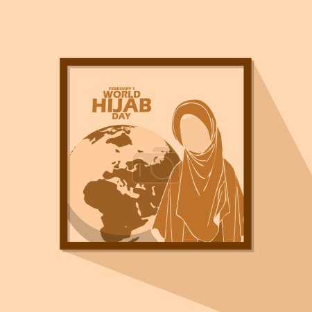 Ilustración de Banner del evento del Día Mundial del Hijab. Ilustración de una mujer con un hiyab, con tierra y texto en negrita en marco sobre fondo marrón claro para celebrar el 1 de febrero - Imagen libre de derechos