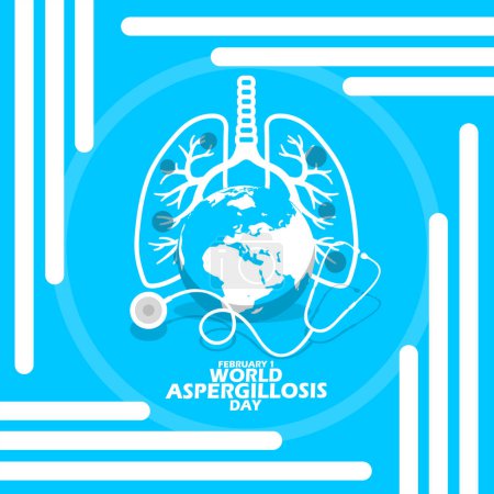 Ilustración de Banner del Día Mundial de la Aspergilosis. Ilustración de un pulmón afectado por un hongo con un icono de la tierra, estetoscopio y texto en negrita sobre fondo azul claro para conmemorar el 1 de febrero - Imagen libre de derechos