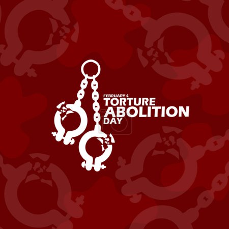 Ilustración de Banner del Día de la Abolición de la Tortura. Esposas de tortura destruidas, con texto en negrita sobre fondo rojo oscuro para conmemorar el 4 de febrero - Imagen libre de derechos