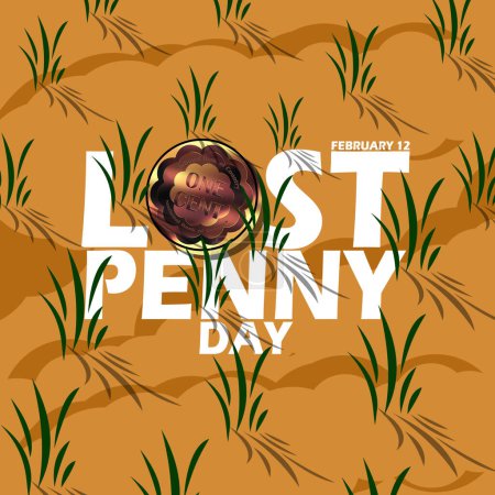 Téléchargez les illustrations : Bannière de l'événement National Lost Penny Day. Une pièce couchée sur le sol herbeux, avec un texte audacieux à célébrer le 12 février - en licence libre de droit