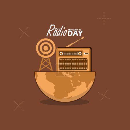 Ilustración de Banner del Día Mundial de la Radio. Una vieja radio con una torre de señal en la tierra, con texto en negrita sobre fondo marrón para celebrar el 13 de febrero - Imagen libre de derechos