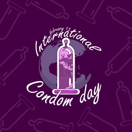Illustration for International Condom Day event banner. A condom symbol with earth and bold text on dark purple background to commemorate on February 13 - Royalty Free Image