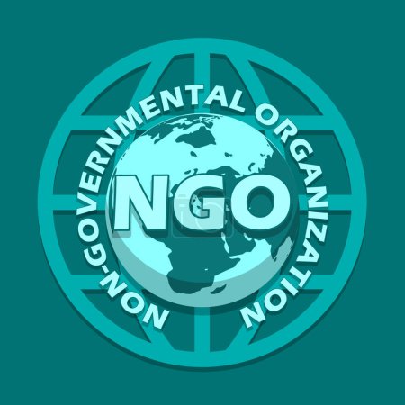 Banner del evento del Día Mundial de las ONG (Organización No Gubernamental). Texto audaz con icono de tierra sobre fondo turquesa oscuro para conmemorar el 27 de febrero