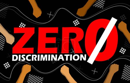 Transparent für den Zero Discrimination Day. Fettgedruckter Text mit Zahlen, Händen in verschiedenen Hautfarben und Elementen auf schwarzem Hintergrund zum Gedenken an den 1. März