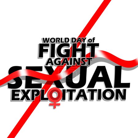 Téléchargez les illustrations : Journée mondiale de lutte contre l'exploitation sexuelle bannière événement. Texte gras avec lignes rouges, ruban rouge et symbole féminin sur fond blanc pour commémorer le 4 mars - en licence libre de droit
