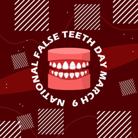 Téléchargez les illustrations : Journée nationale des fausses dents bannière événement. Une fausse dent avec un texte audacieux et des éléments sur fond rouge foncé pour commémorer le 9 mars - en licence libre de droit