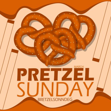 Ilustración de Pretzel bandera del evento del domingo. Varios pretzels rematados con semillas de sésamo, con texto en negrita sobre fondo marrón claro para celebrar el 10 de marzo en Alemania - Imagen libre de derechos