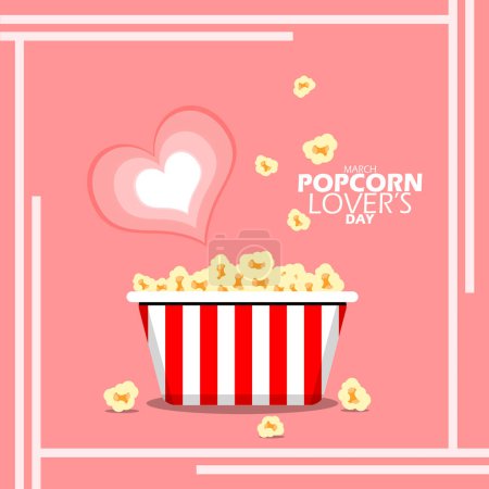 Téléchargez les illustrations : Popcorn Lover's Day bannière de l'événement. Un seau de pop-corn avec un texte audacieux et des cœurs dans le cadre sur fond rose pour célébrer le Mars - en licence libre de droit