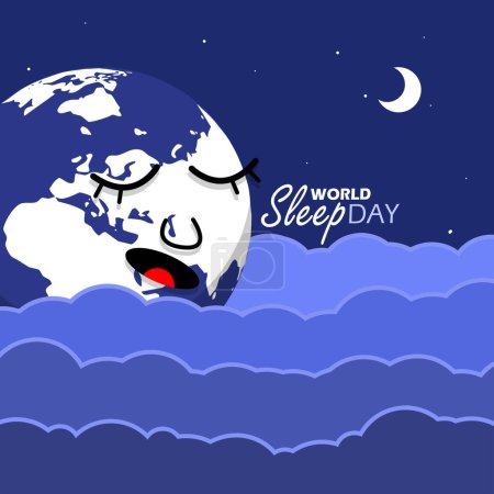 Veranstaltungsbanner zum Weltschlaftag. Illustration der Erde, die nachts über den Wolken schläft, mit fettem Text auf dunkelblauem Hintergrund zur Feier des März