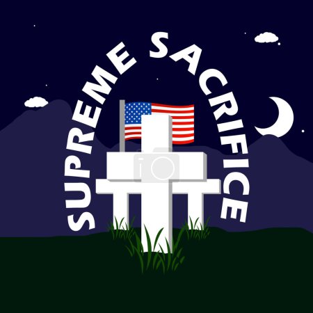 National Supreme Sacrifice Day event banner. Cross-shaped tombstone with an American flag against a backdrop of mountains at night with a crescent moon and stars, with bold text commemorate on March 