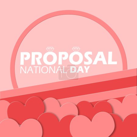 Ilustración de Banner del Día Nacional de la Propuesta. Tarjetas de corazón con pliegues, anillo de diamantes y texto en negrita sobre fondo rosa para celebrar el 20 de marzo - Imagen libre de derechos