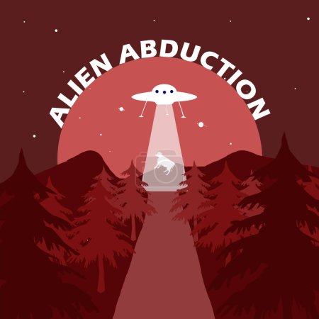 Illustration for Alien Abduction Day event banner. UFO plane abducts a cow from the forest at night, with bold text celebrating March 20th - Royalty Free Image