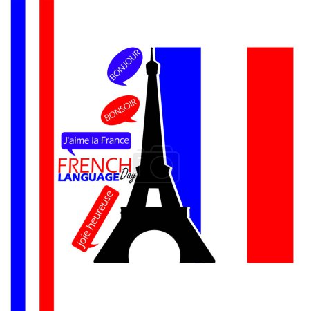 French Language Day event banner. French flag with tower, ribbon and some cloud text contains French language on white background to celebrate on March 20th