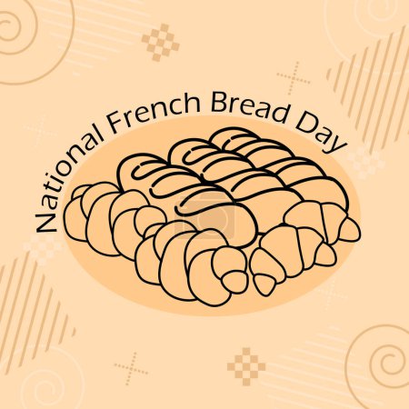 Illustration for National French Bread Day event banner. Line art illustration of French bread, with bold text on a light brown background to celebrate on March 21st - Royalty Free Image