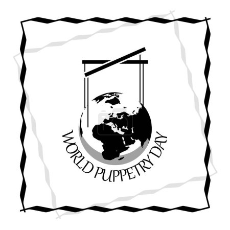 World Puppetry Day event banner. An earth tied with string and wood, with bold text on white background to celebrate on March 21