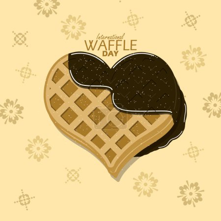 Illustration for International Waffle Day event banner. A heart-shaped waffle with melted chocolate on light brown background to celebrate on March 25 - Royalty Free Image
