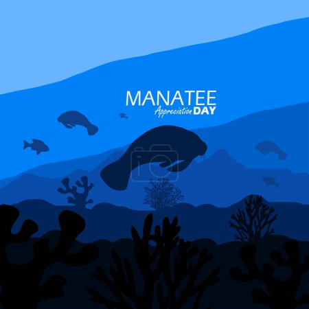 Banner del evento del Día de Apreciación del Manatí. La atmósfera en el mar con manatíes, peces, coral y texto en negrita para conmemorar en marzo