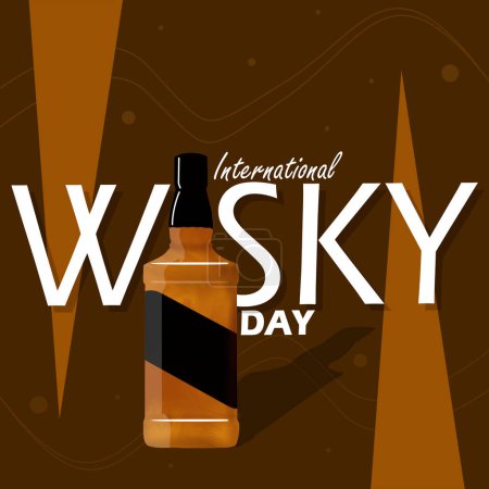 International Whiskey Day event banner. A bottle containing whiskey with bold text and elements on dark brown background to celebrate on March 27