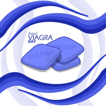 Banner del Día Nacional de la Viagra. Tres pastillas de Viagra en marco ondulado con texto en negrita sobre fondo blanco para celebrar el 27 de marzo