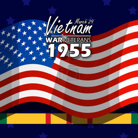 Illustration for National Vietnam War Veterans Day event banner. American flag with bold text and rank ribbon on dark blue background to commemorate on March 29 - Royalty Free Image