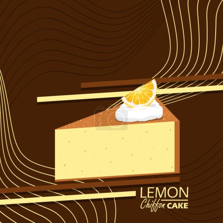 National Lemon Chiffon Cake Day event banner. A slice of chiffon cake with cream topping and lemon slice on brown background to celebrate on March 29