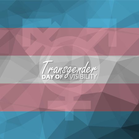 Transparent zum Transgender Day of Visibility. Transgender-Flagge mit Gender-Symbolen und fettem Text auf Polygon-Textur-Hintergrund zum Gedenken an den 31. März