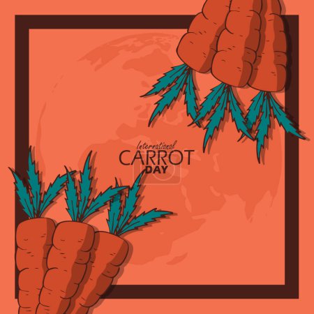 Banner del Día Internacional de la Zanahoria. Zanahorias con tierra en marco sobre fondo naranja para celebrar el 4 de abril