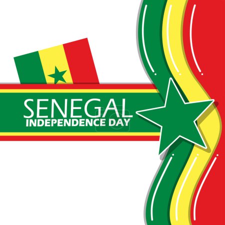 Banner del Día de la Independencia de Senegal. Bandera de Senegal con estrella y cinta sobre fondo blanco para conmemorar el 4 de abril