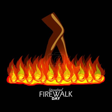 Téléchargez les illustrations : Bannière de la Journée internationale du feu d'artifice. Illustration d'une personne marchant sur des braises brûlantes sur fond noir pour célébrer le 6 avril - en licence libre de droit