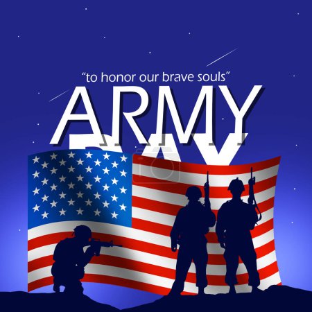 Banner del Día del Ejército. Bandera americana con soldados sobre fondo azul oscuro degradado con estrellas para conmemorar el 6 de abril